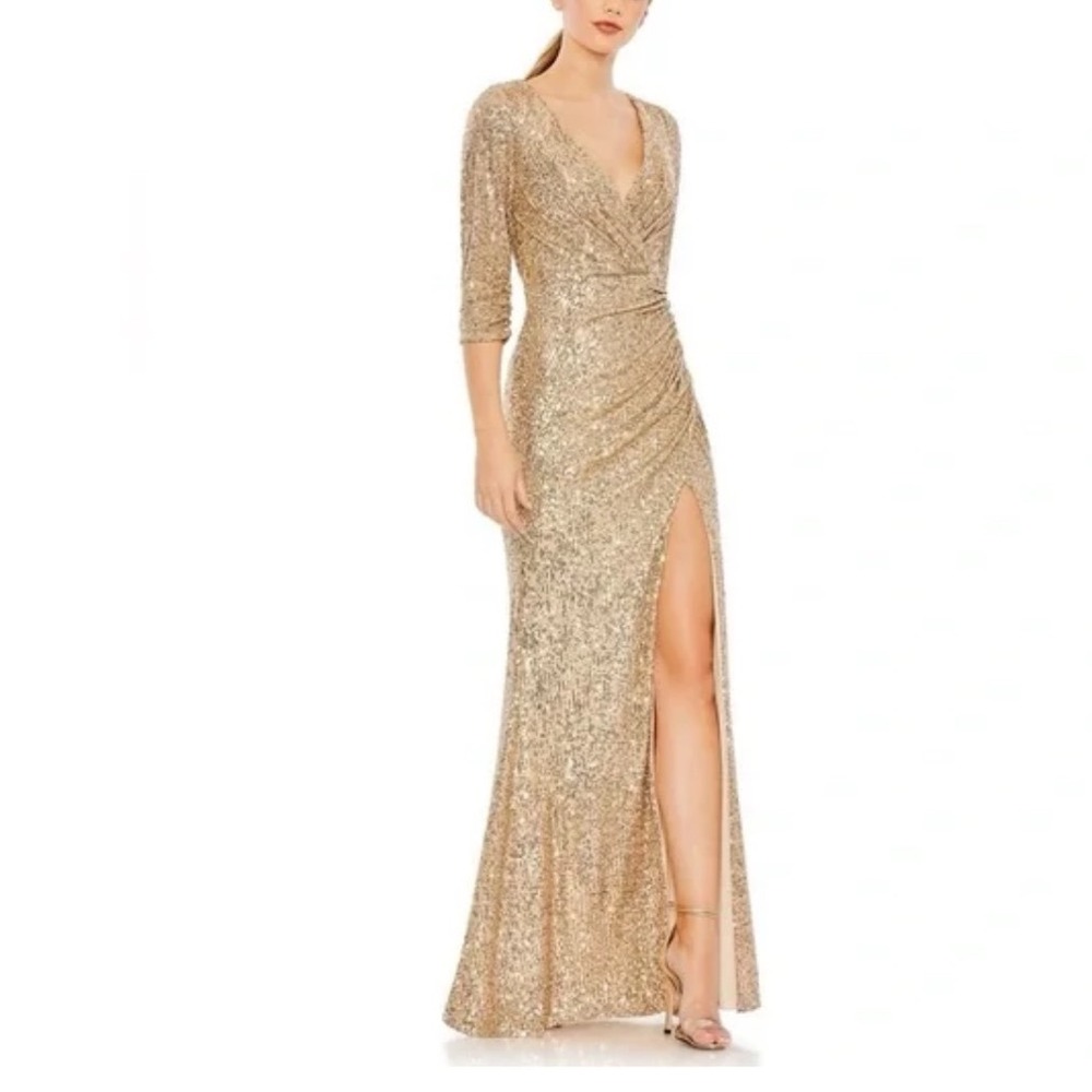 Ieena for Mac Duggal 42015 Three Quarter Sleeve 22 Ruched Dress Gold Champagne